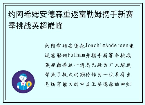 约阿希姆安德森重返富勒姆携手新赛季挑战英超巅峰